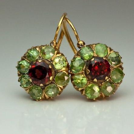 Pendientes vintage de cristal redondo verde y rojo 